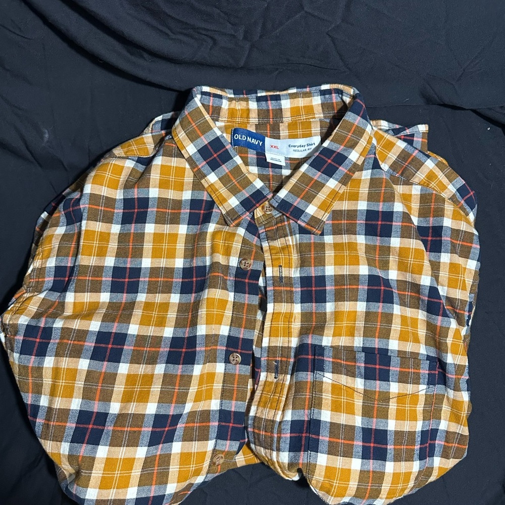 Old Navy Men's Casual Plaid Shirt - Mustard and Navy